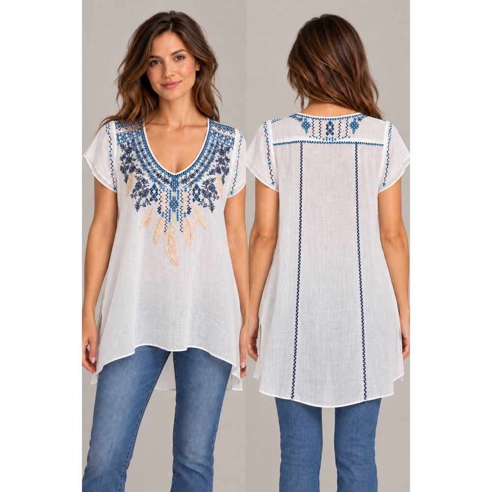 Johnny Was S White Ramie Embroidered Tunic Top Blue Floral Feather Boho Womens